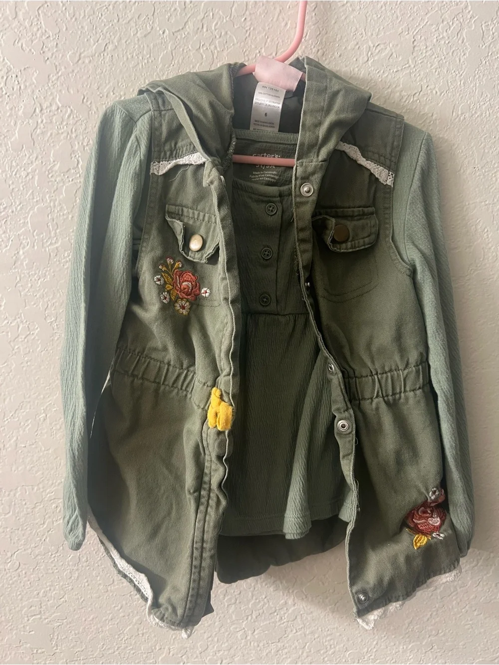 Girls Olive Green Hooded Embroidered vest